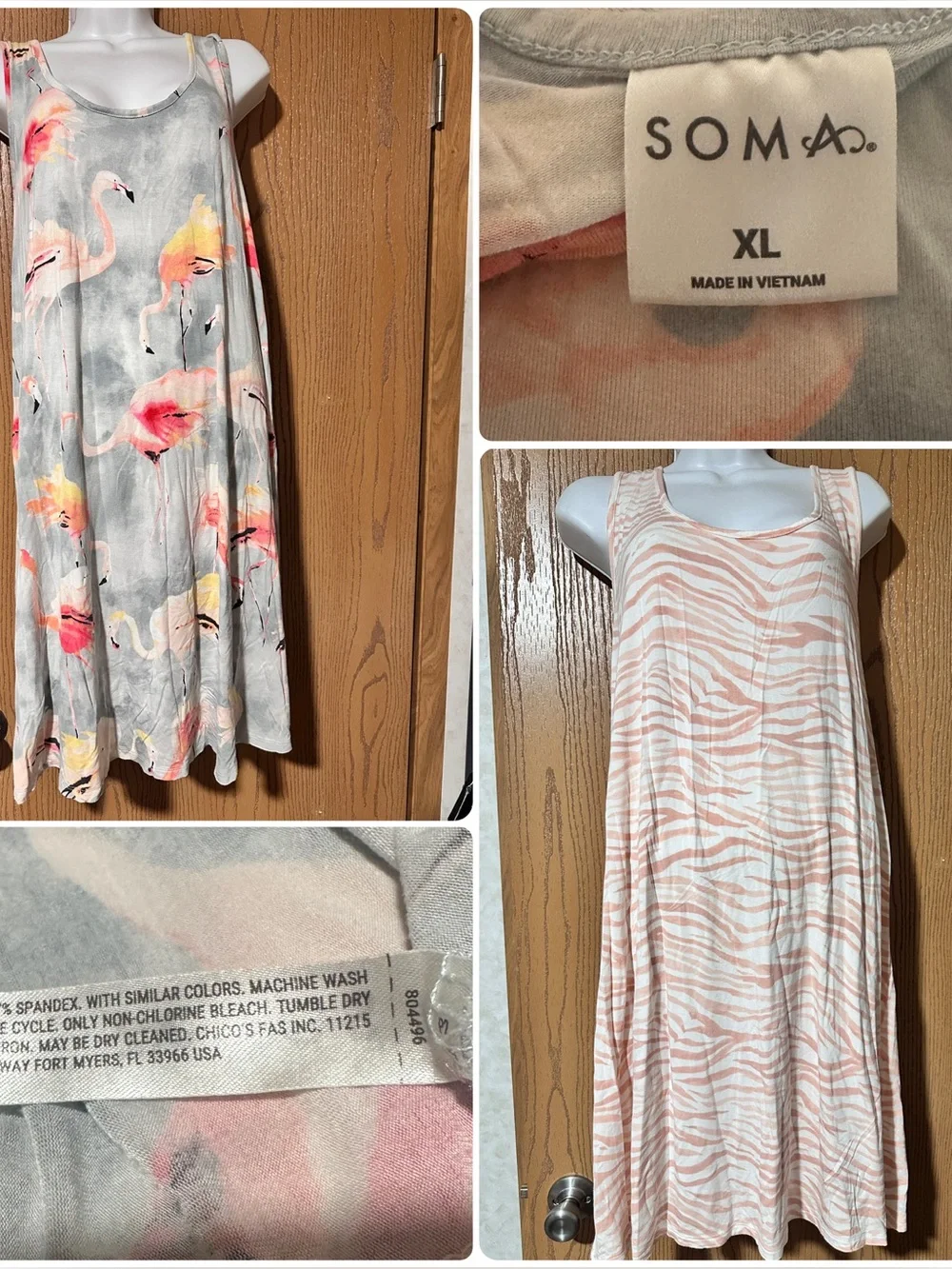 Soma Set Of Two Size XL Sleevless Sleep Dress Nightgown Flamingo & Zebra Print